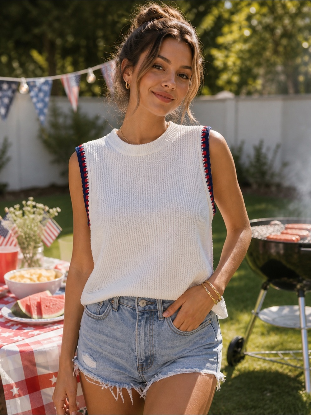 Patriotic Knit Tank in Red White & Blue - XL Sleeveless Top Summer America250